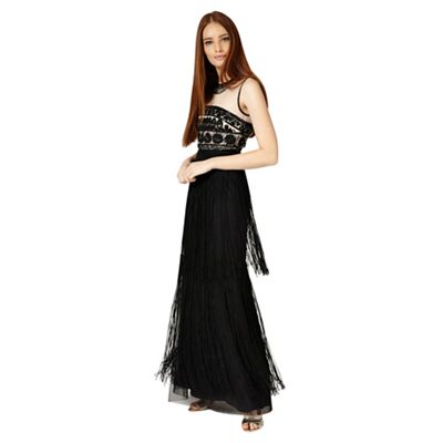 Black and champagne elizabeth fringe full length dress